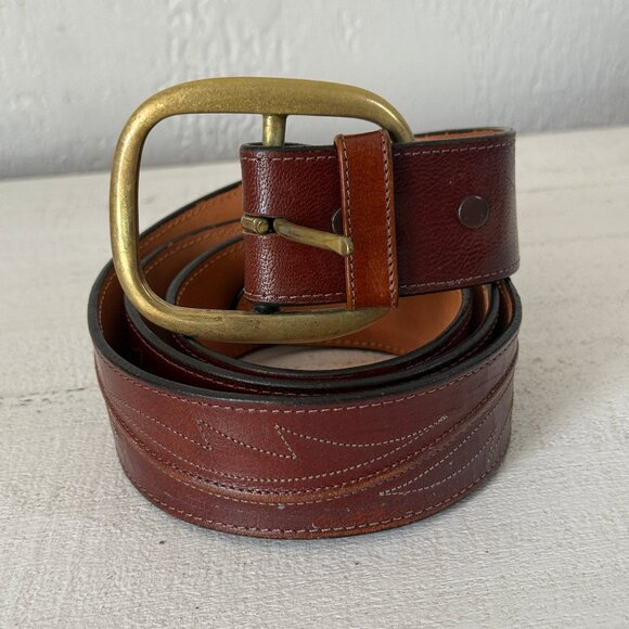 VTG Lucchese Boot Co Western Belt Brown Leather Brass Buckle Cowboy Style Sz 36 - Picture 1 of 9
